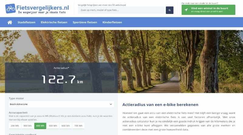 Fietsvergelijkers.nl: Calculator voor berekenen actieradius e-bike